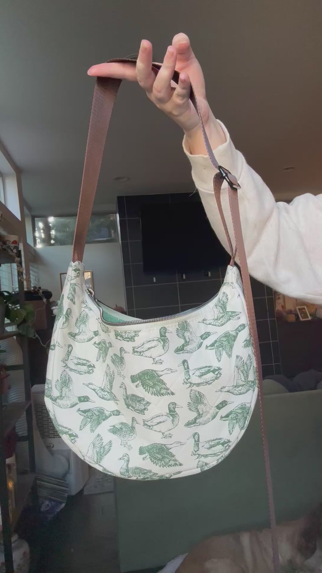 Riley Black Cream and Green Geese Print Crossbody Bag