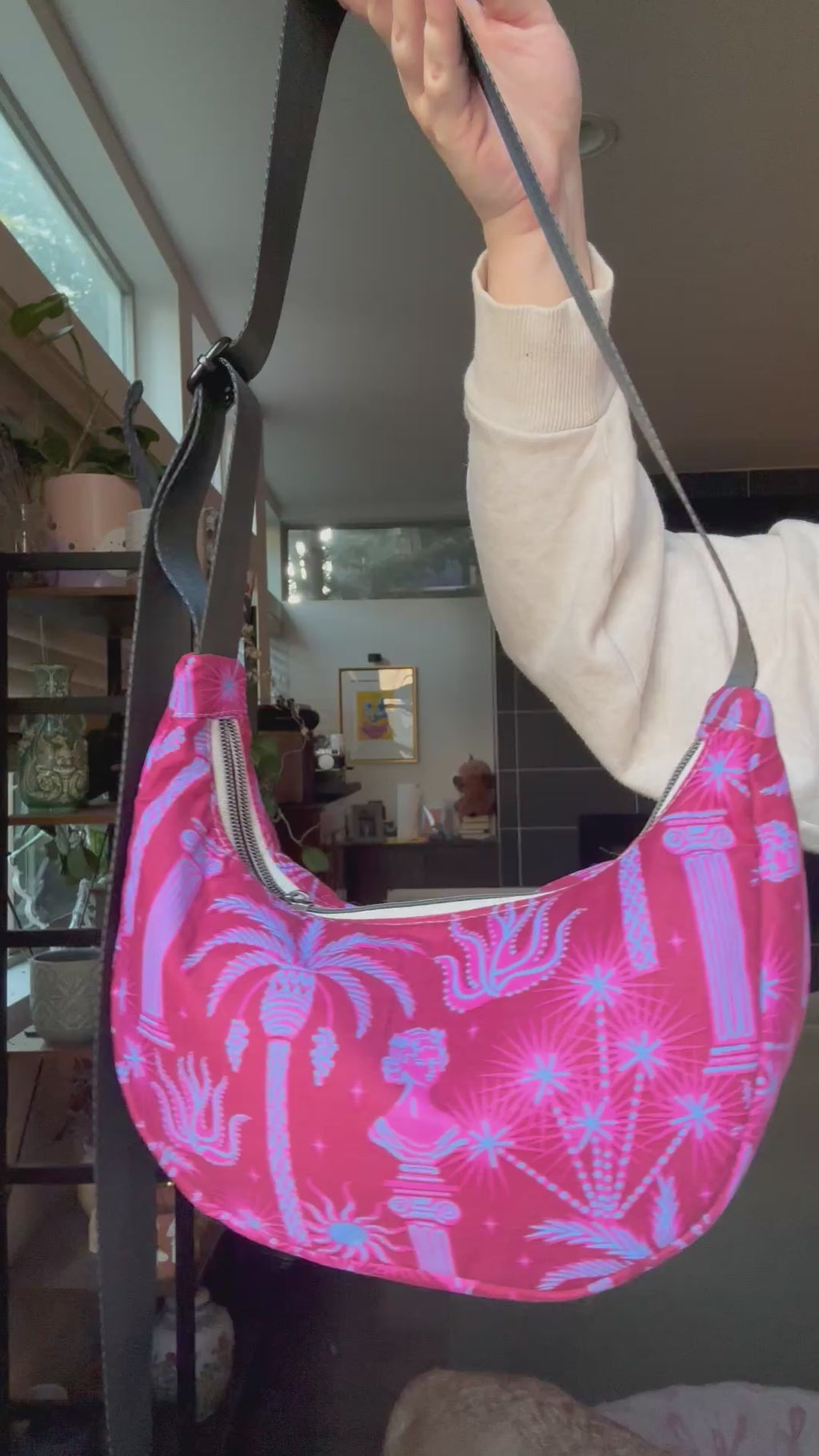 Bold Pink Greek Statue Print Crossbody Bag